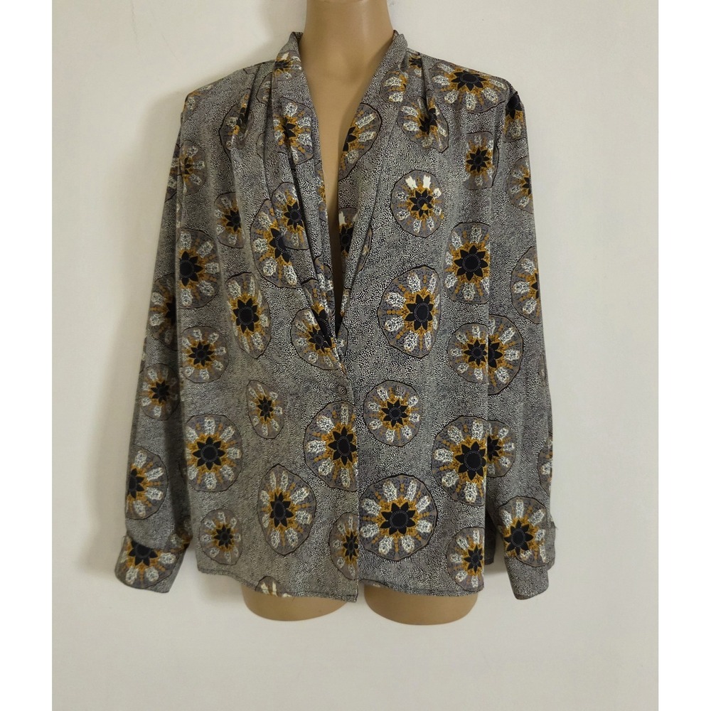 Vtg Les Camilles NY Blouse  Deep V Gathered Collar Black & Brown  Size 12
